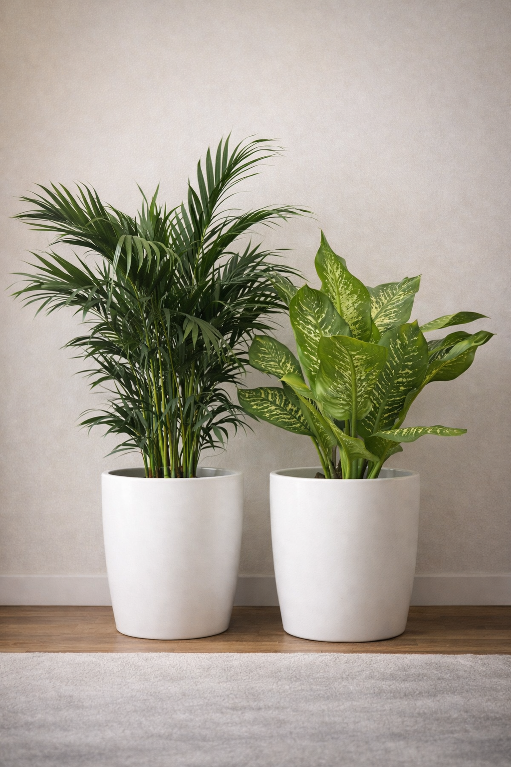 Kentia Palm & Dieffenbachia Bundle in White Ceramic Pots