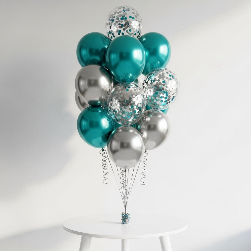 Teal & Silver Confetti Balloons